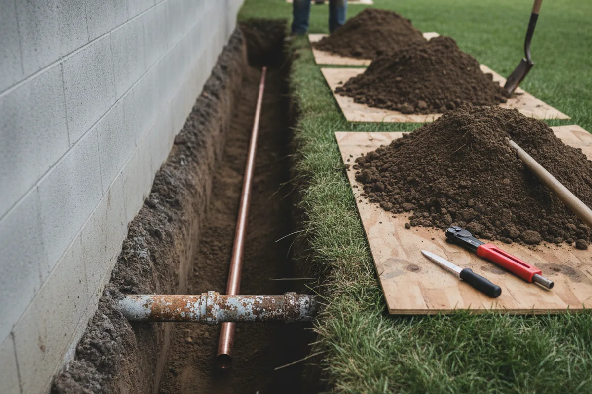 Excavated water line trench during Water Softener Installation in Lupton City